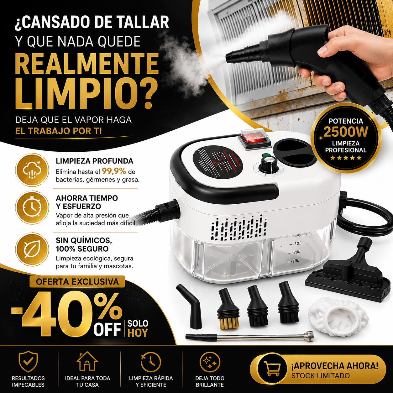 Limpiadora a Vapor de Alta Presión 2500w