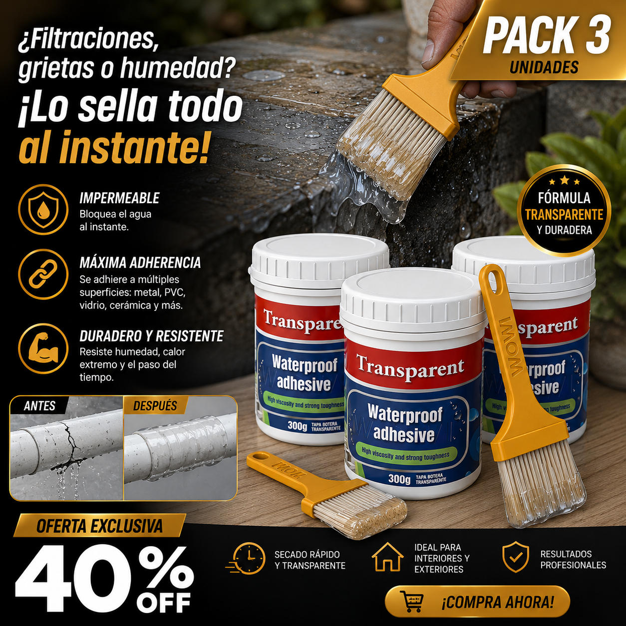 Pack 3 Sellador Transparente Impermeable - 300g
